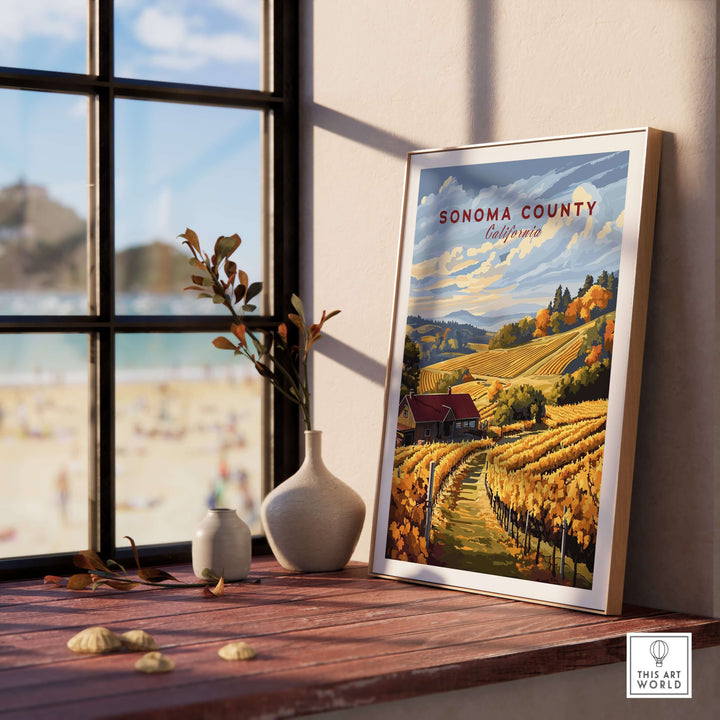 Sonoma Wine Country art print showcasing a vibrant vineyard landscape, framed by a sunny window. Rustic decor for wine lovers.
