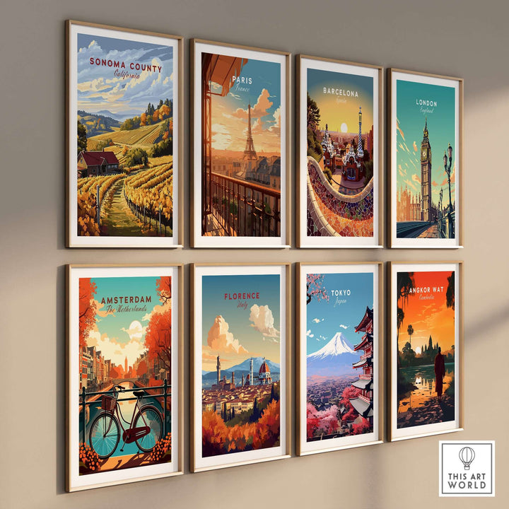 Gallery wall of travel art prints including Sonoma County, Paris, Barcelona, London, Amsterdam, Florence, Tokyo, and Angkor Wat.