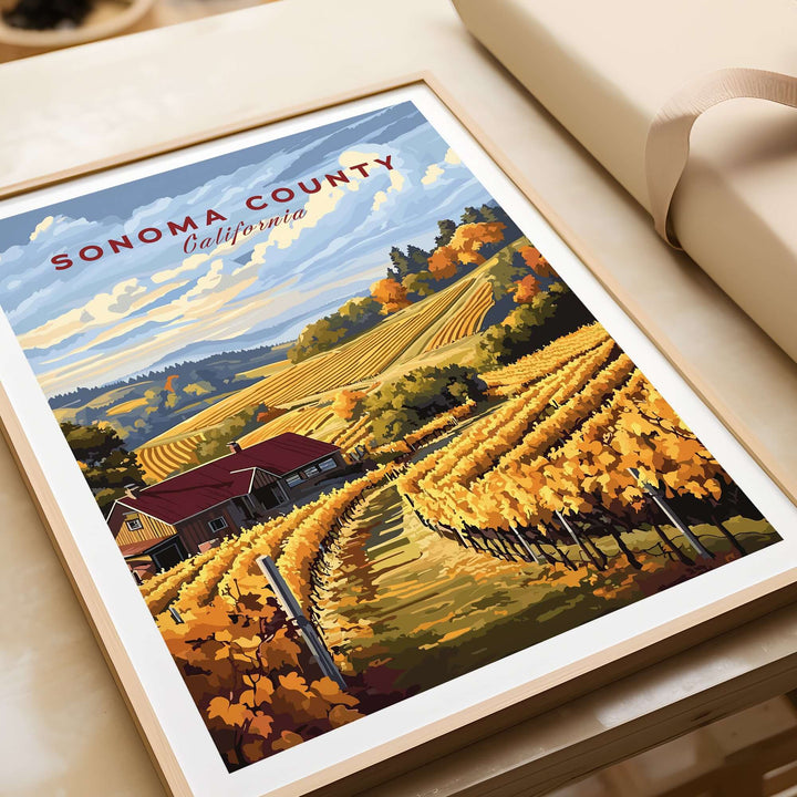 Sonoma County vineyard art print showcasing vibrant autumn landscape and rustic charm in California.