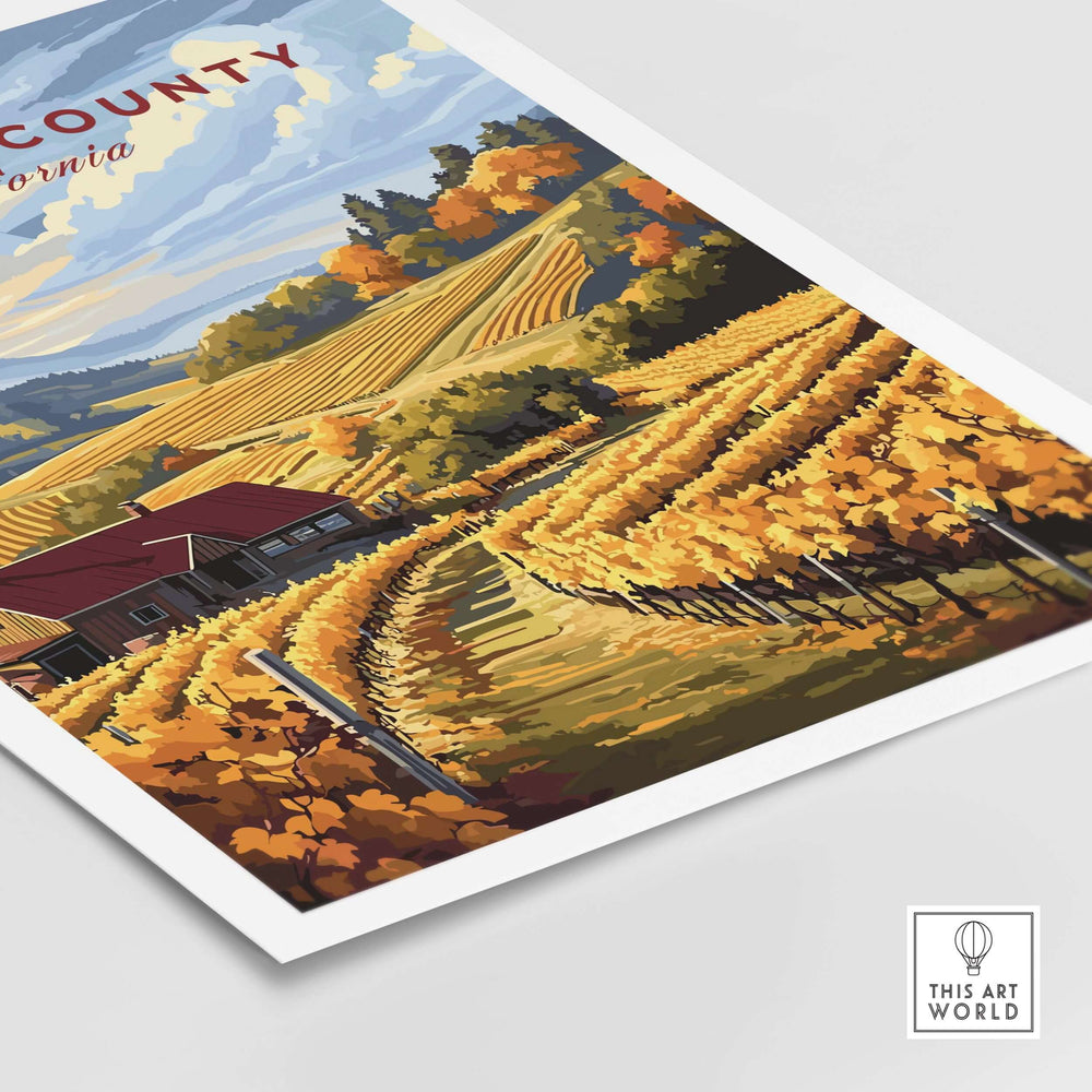 Vibrant Sonoma Wine Country art print featuring autumn vineyard landscape and rustic farmhouse decor.