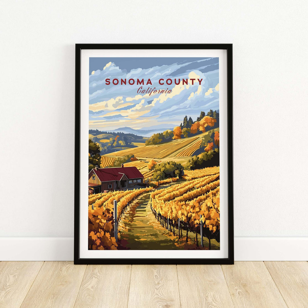 Framed Sonoma County art print featuring vineyard landscape and autumn colors, perfect for wall decor.