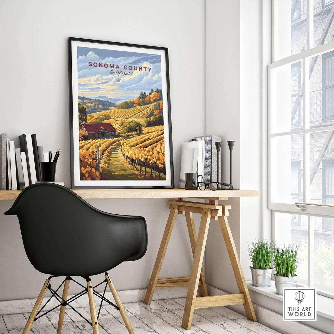 Sonoma County vineyard landscape art print in a stylish home office setting, showcasing autumn harvest colors.