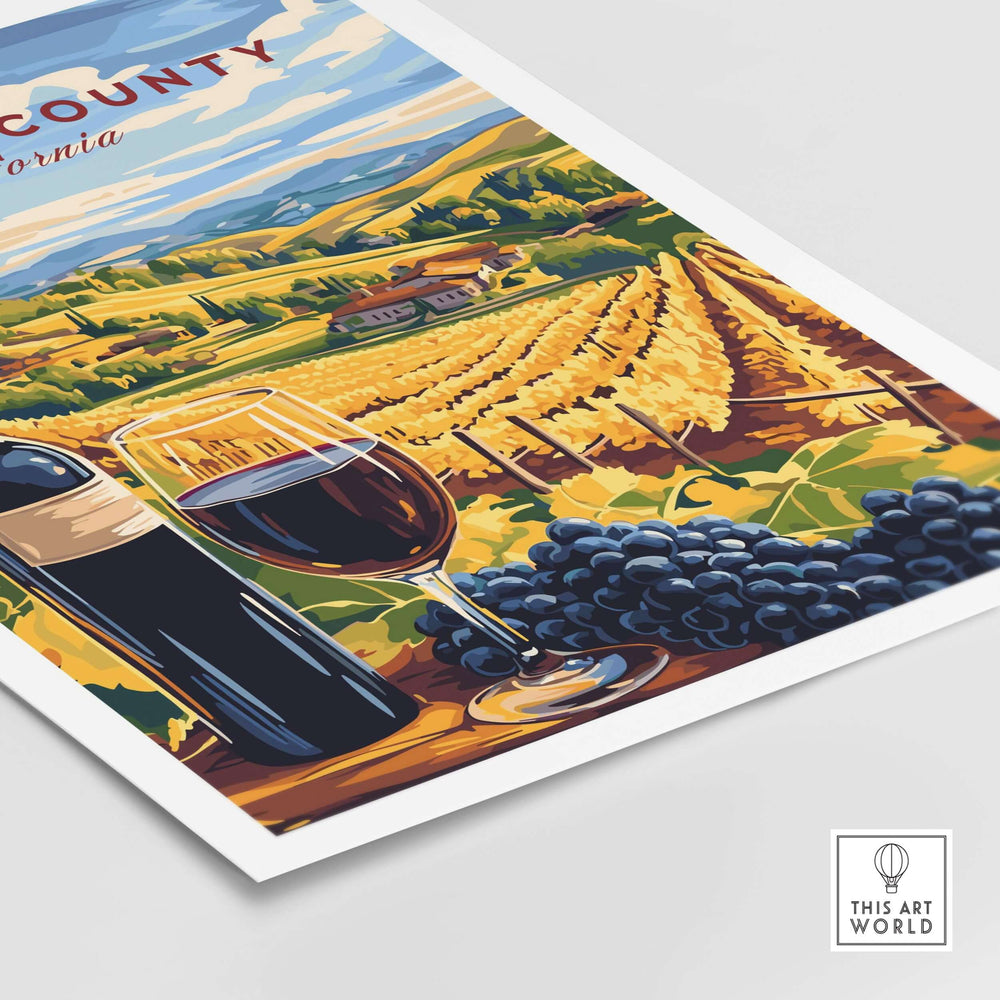 Sonoma winery scene poster featuring vineyards, a wine glass, and grapes, perfect for wine lovers and home decor.