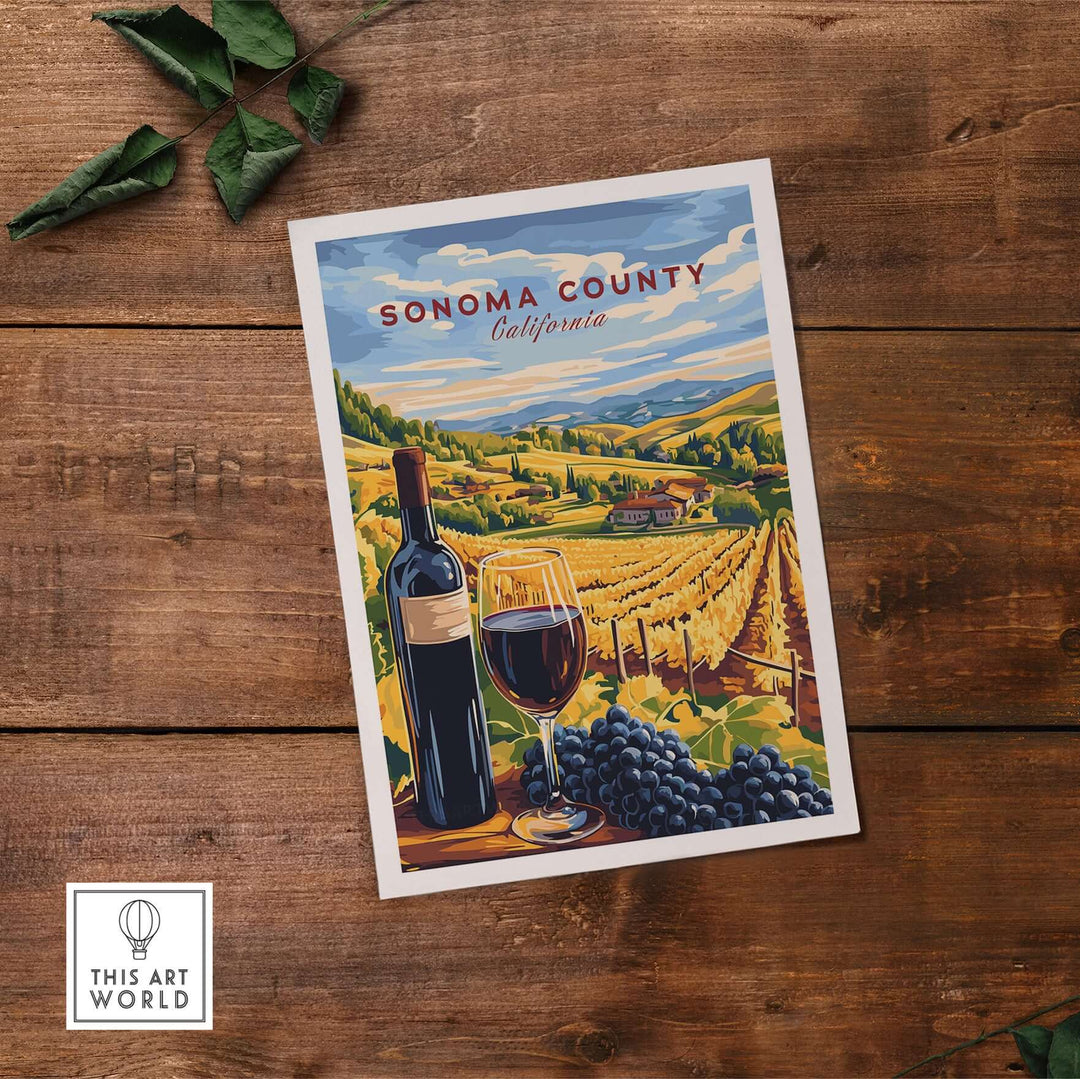 Sonoma Winery Scene Poster featuring vineyard, wine glass, and bottle, perfect for wine wall decor and California travel enthusiasts.