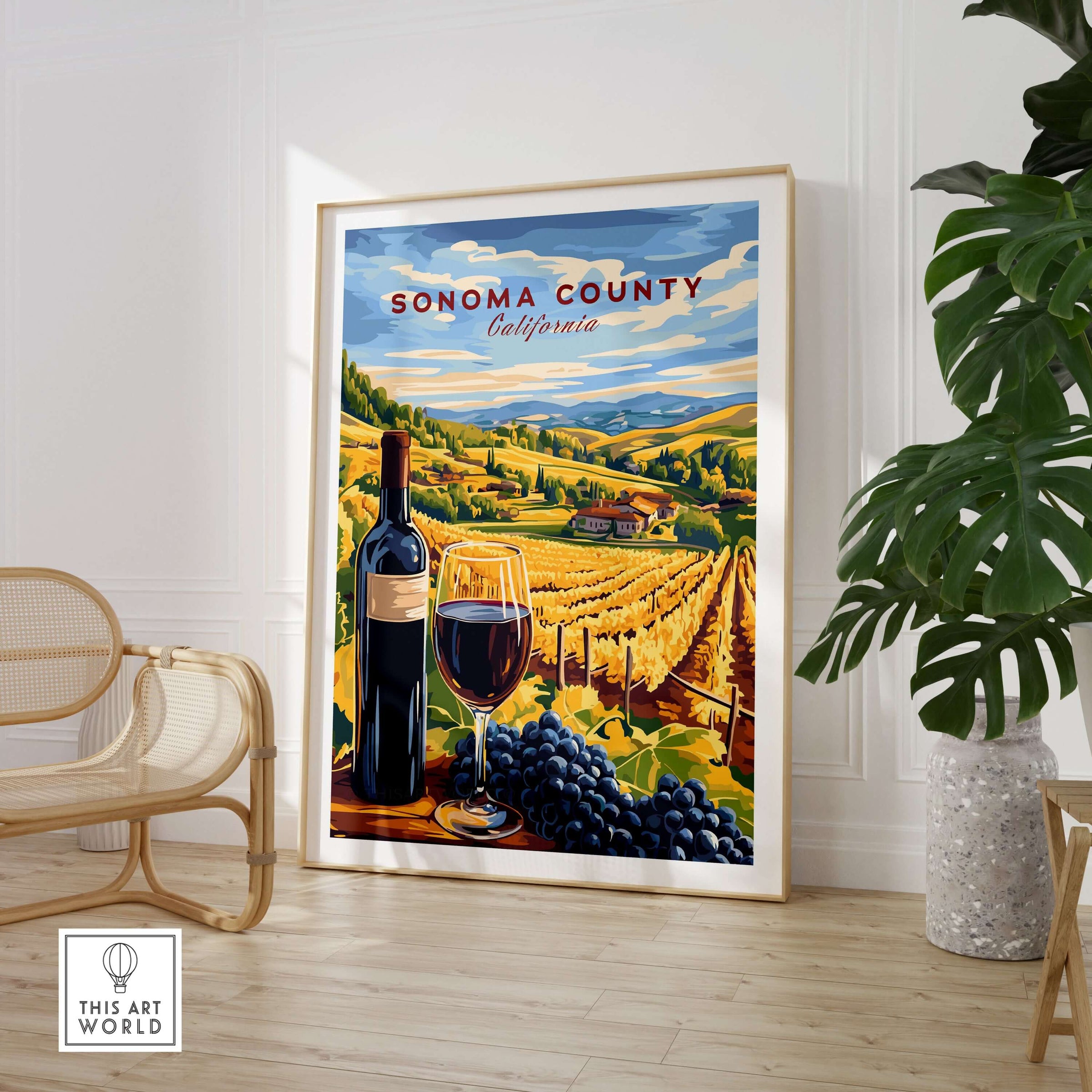 Sonoma Winery Scene Poster - California Travel Print - Wine Wall Decor featuring a vineyard landscape with wine and grapes.
