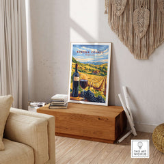 Sonoma Winery Scene Poster - California Travel Print - Wine Wall Decor showcasing a vineyard landscape with wine bottle and glass.