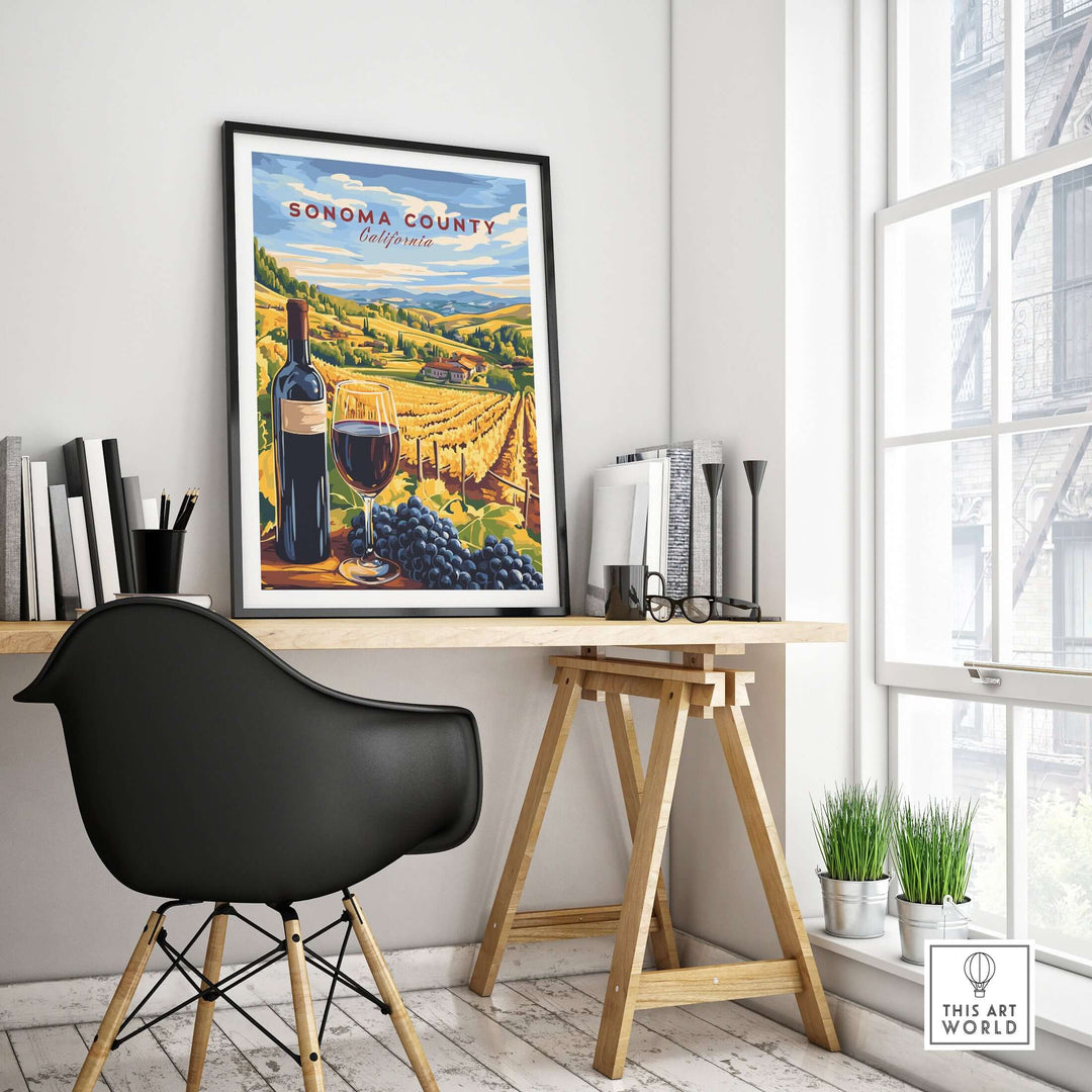 Sonoma Winery Scene poster featuring a vineyard landscape, wine glass, and rustic home décor.