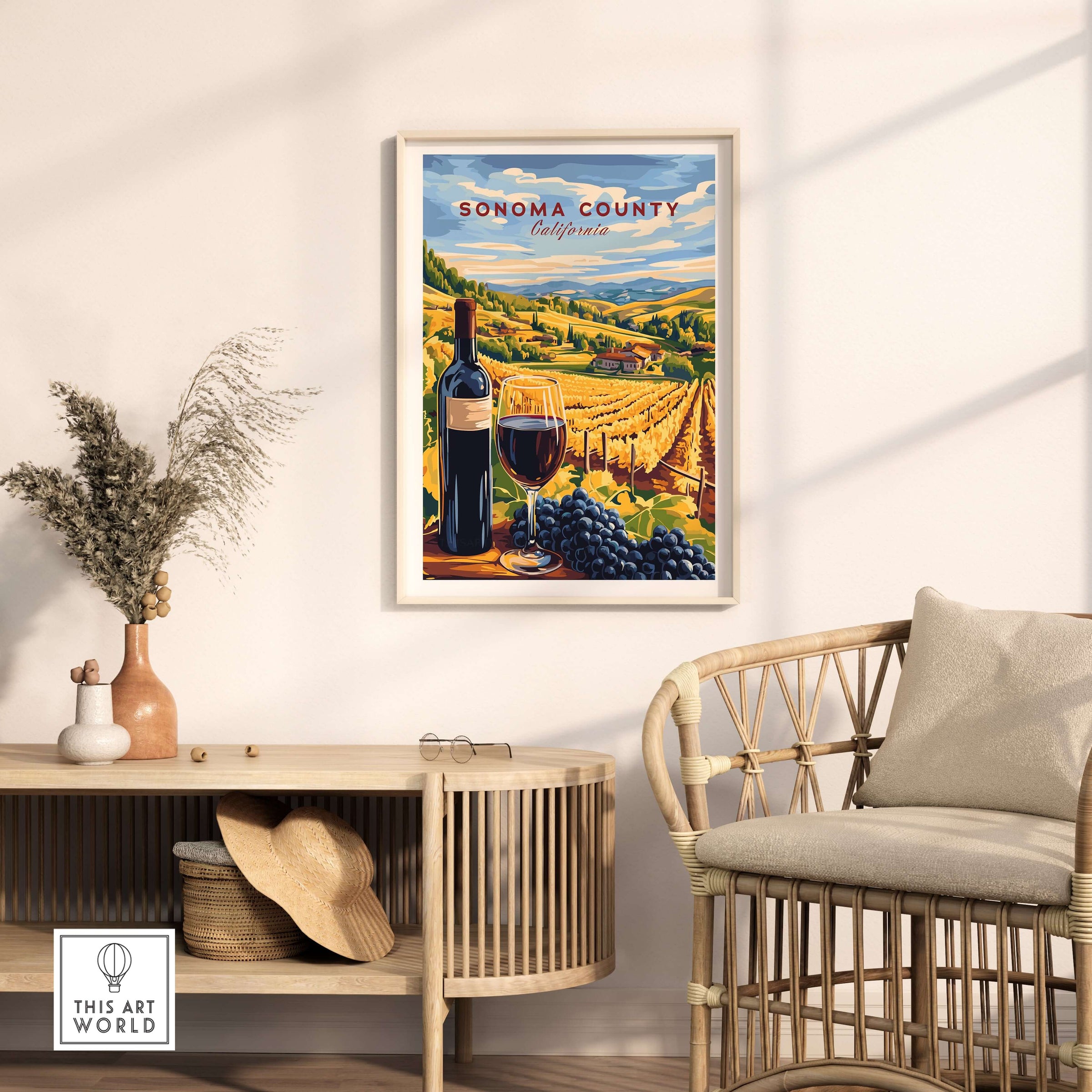 Sonoma Winery Scene Poster - California Travel Print - Wine Wall Decor showcasing a vineyard landscape with wine and grapes.