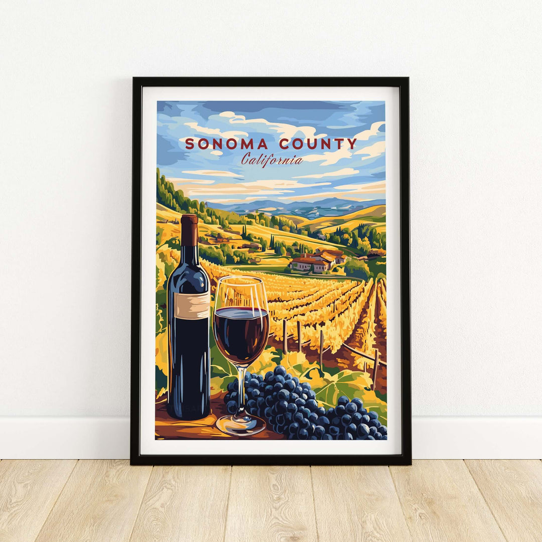 Sonoma County California poster showcasing a vineyard landscape with wine bottle and glass, ideal wine wall decor.