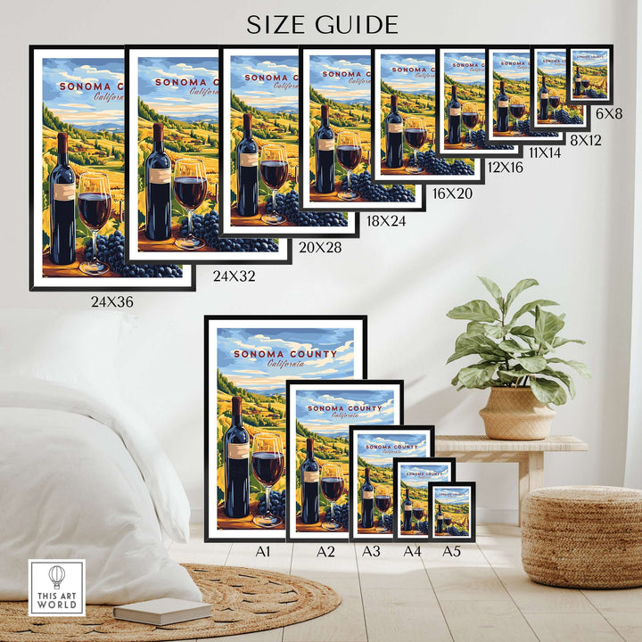 Size guide for Sonoma Winery Scene poster, showcasing various frame sizes and dimensions for wall decor.