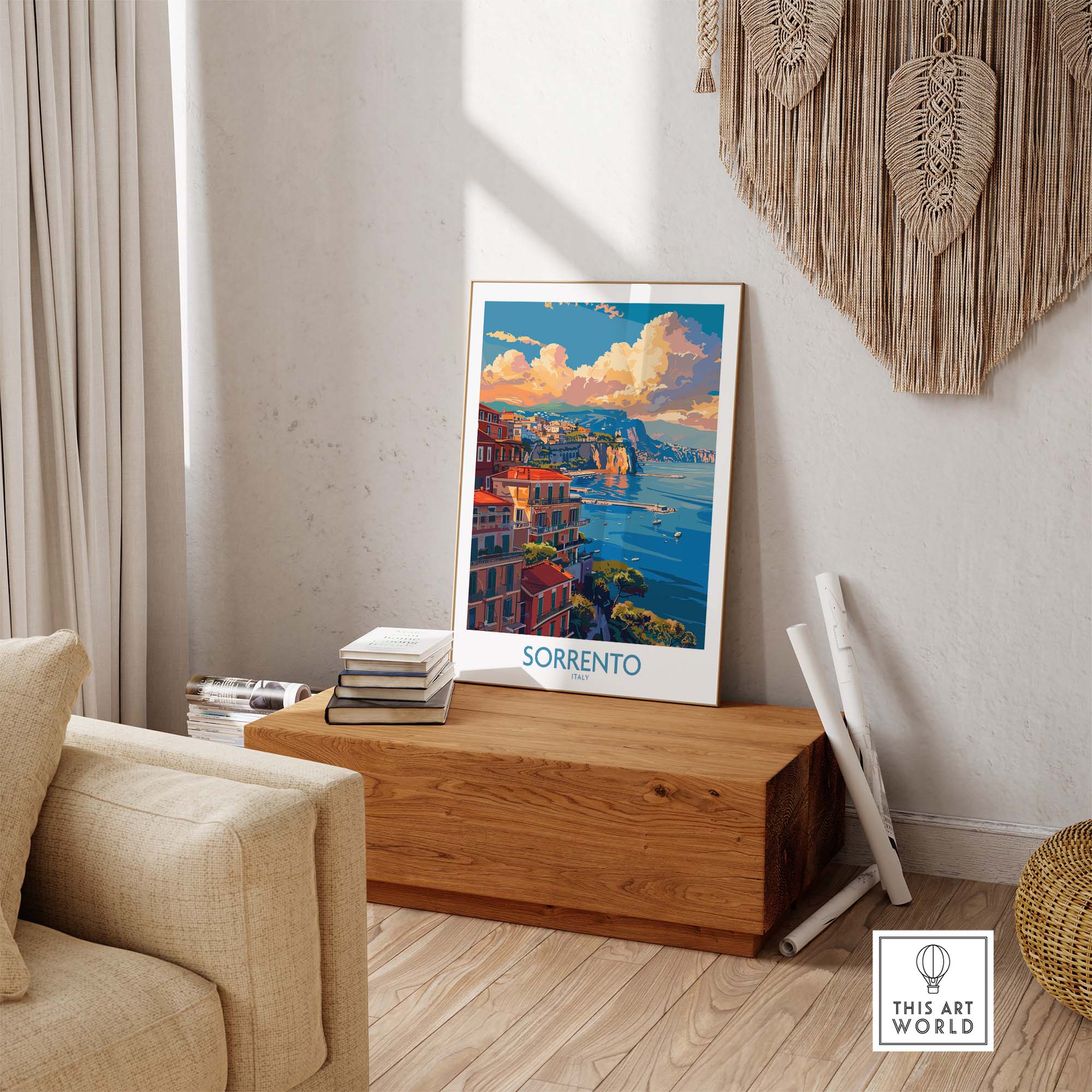 Sorrento Travel Poster - Captivating Italian Landscapes and Architecture displayed in a stylish living room.