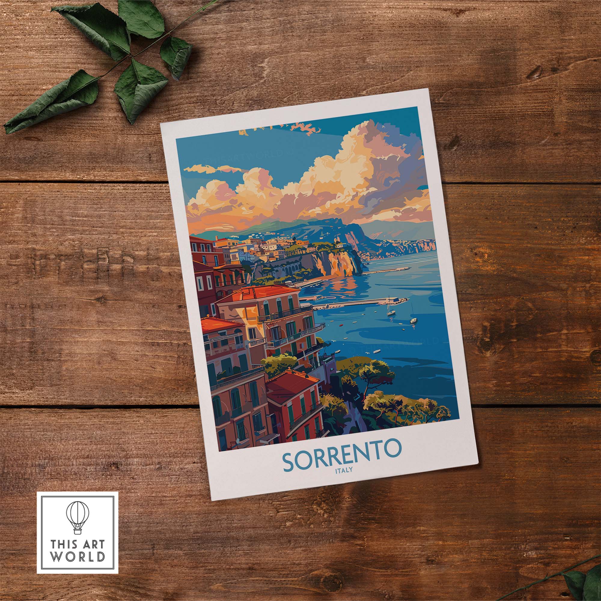 Sorrento Travel Poster - Captivating Italian Landscapes and Architecture featuring cliffside villas and coastal scenery.