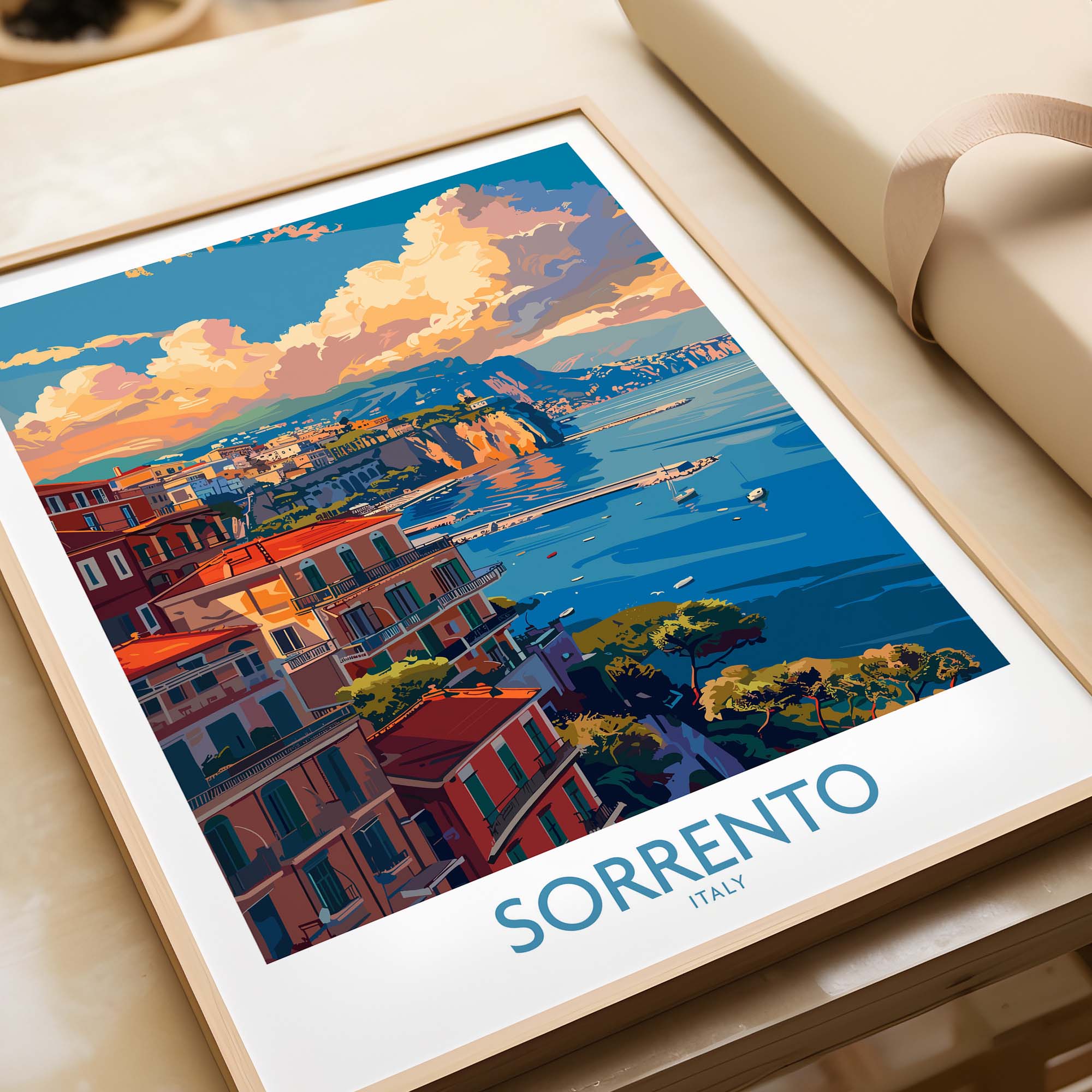 Sorrento Travel Poster - Captivating Italian Landscapes and Architecture showcasing the beautiful coastal view of Sorrento.