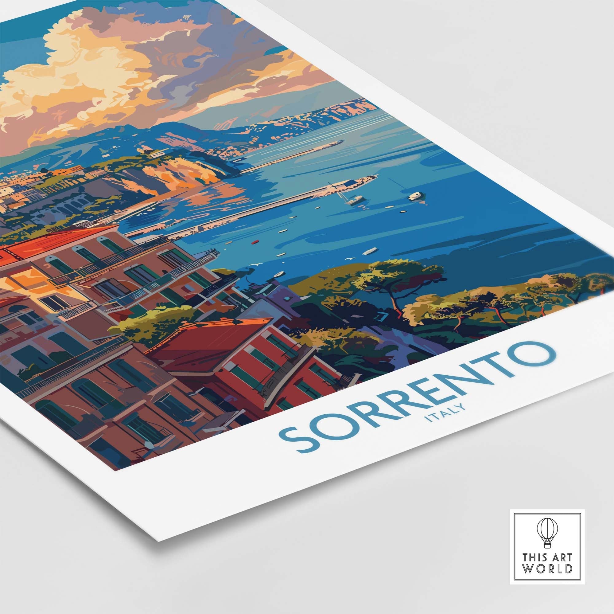 Sorrento Travel Poster - Captivating Italian Landscapes and Architecture featuring cliffside view of Sorrento, Italy.