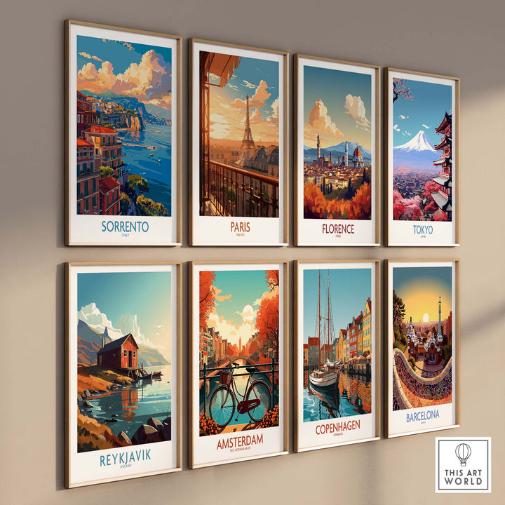 a set of four travel posters hanging on a wall