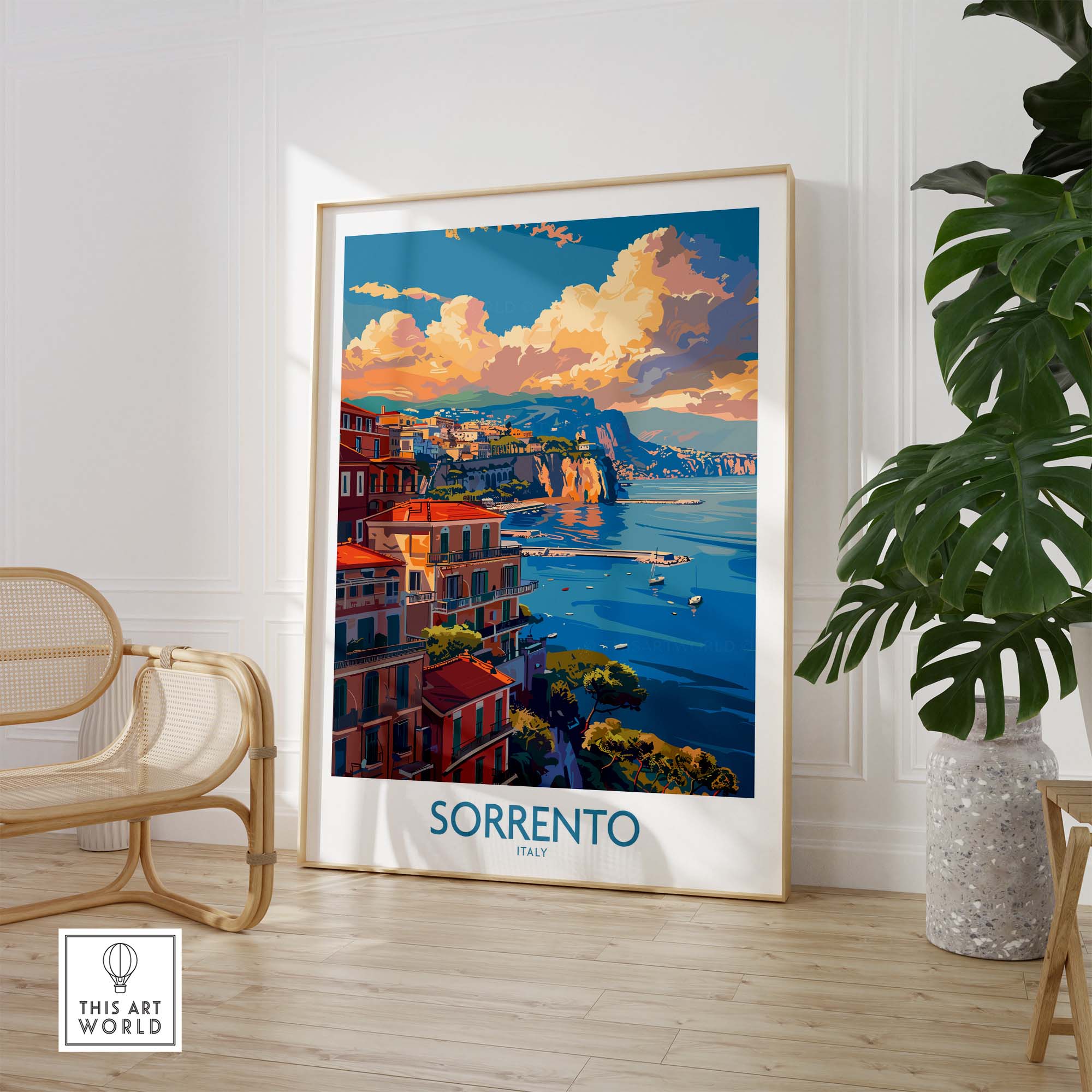 Sorrento Travel Poster - Captivating Italian Landscapes and Architecture showcasing stunning coastal villas and scenic views.