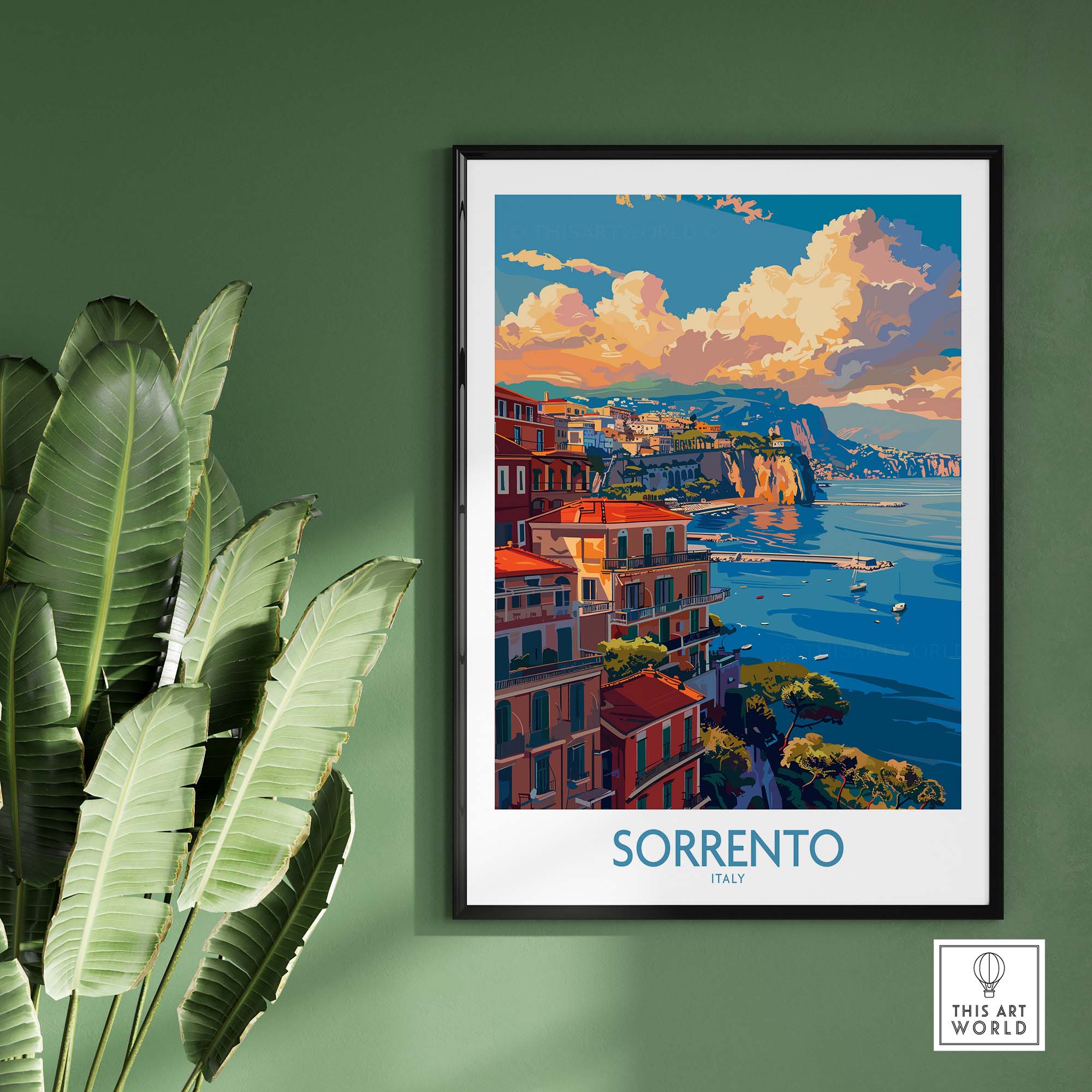 Sorrento Travel Poster - Captivating Italian Landscapes and Architecture showcasing coastal villas and stunning sea views.