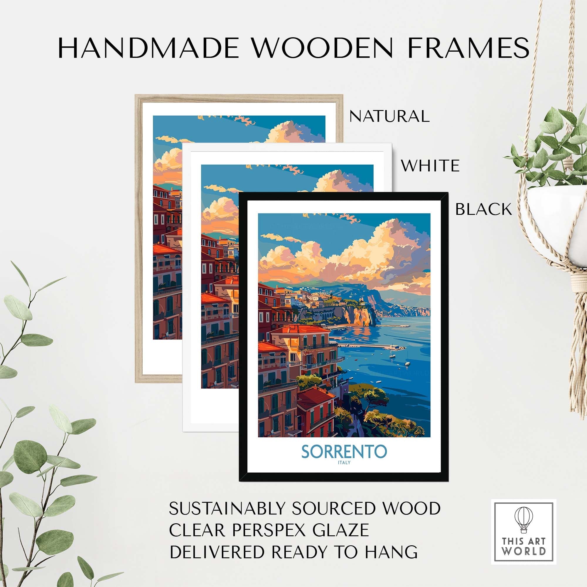 Sorrento Travel Poster - Captivating Italian Landscapes and Architecture displayed in handmade wooden frames