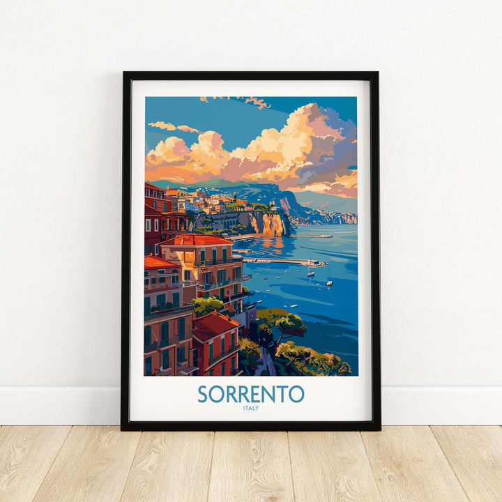 a framed poster of a beautiful view of the city of sorrento