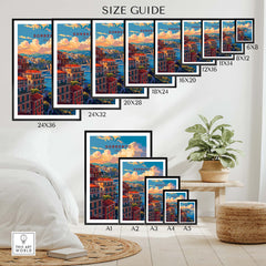 a bedroom with a bed and a picture of a city