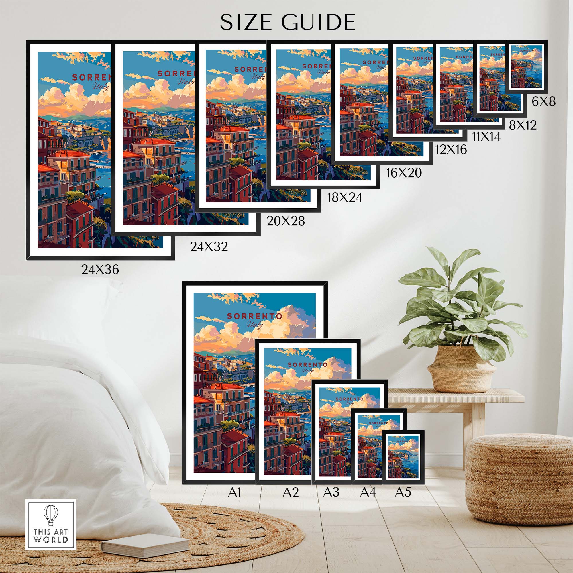 a bedroom with a bed and a picture of a city