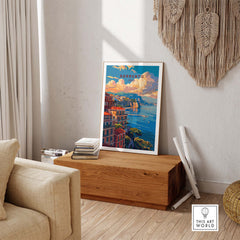 a picture of a painting on a shelf in a living room