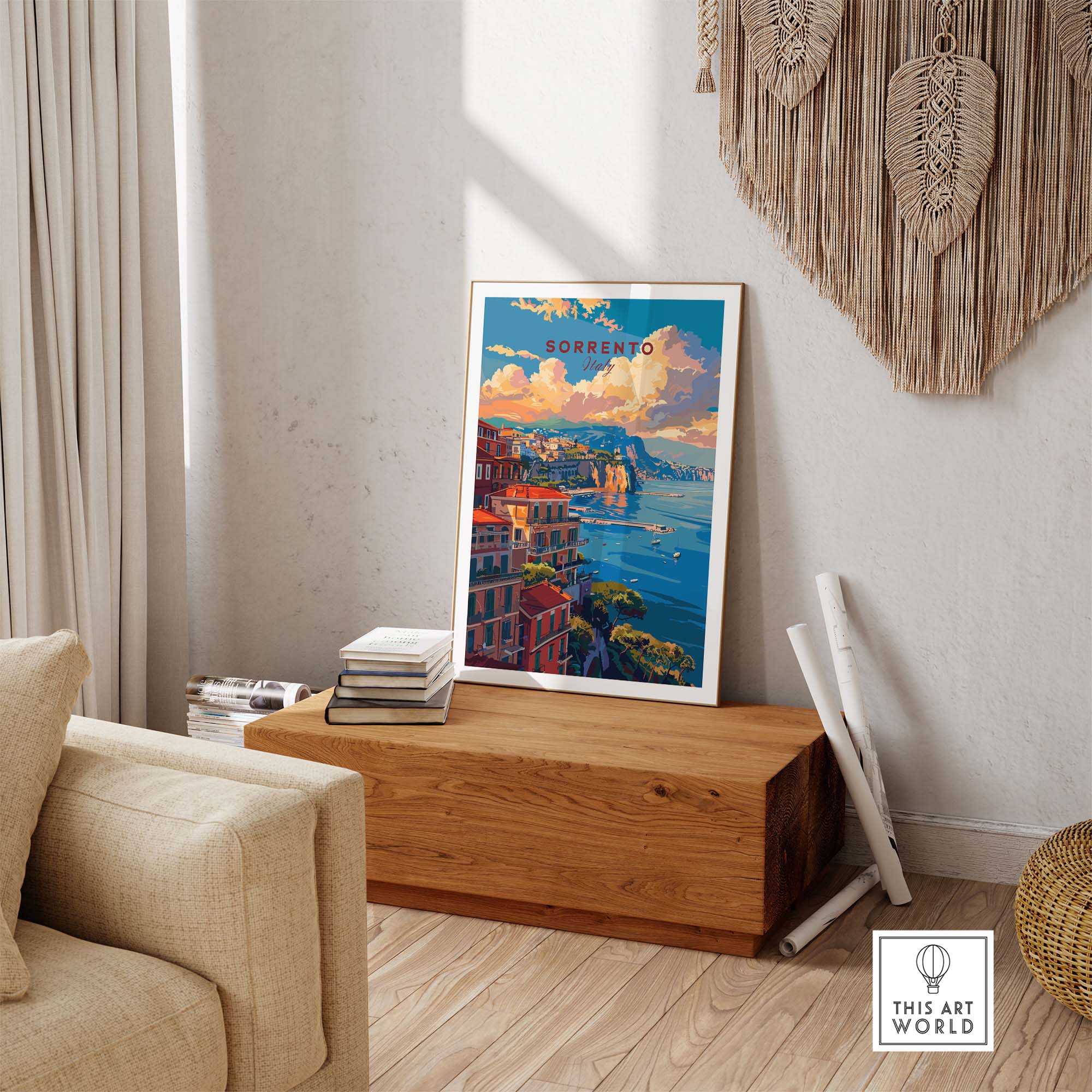 a picture of a painting on a shelf in a living room