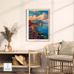 a room with a chair, a table and a painting on the wall