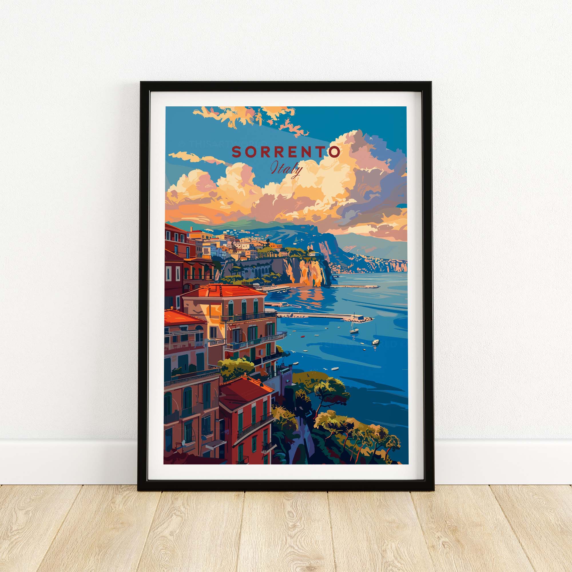 a picture of a poster of a city on a wall