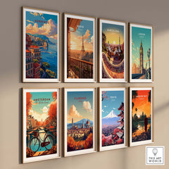 a set of four travel posters hanging on a wall