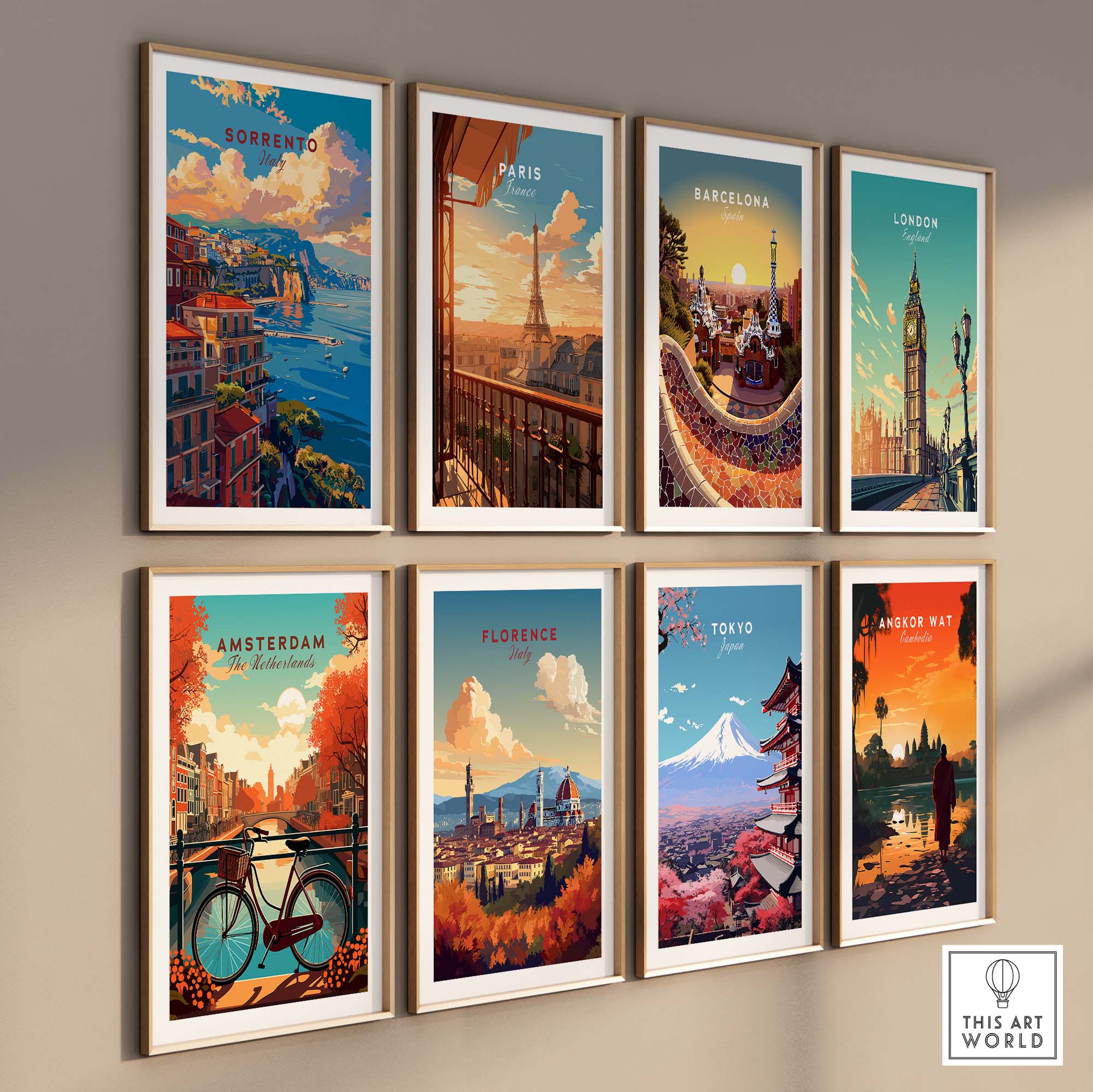 a set of four travel posters hanging on a wall