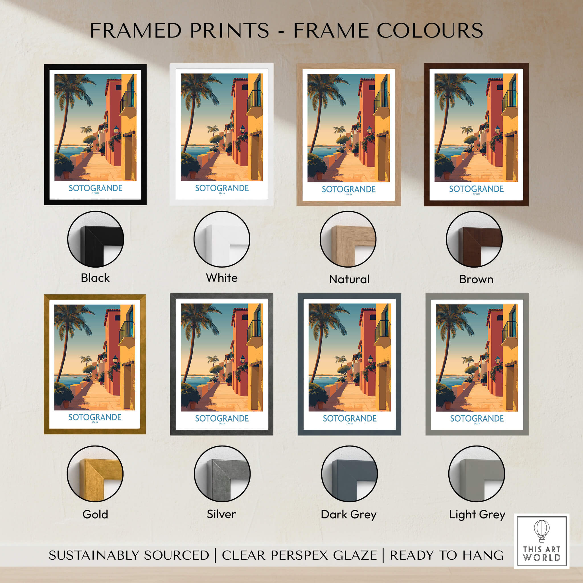 Sotogrande Spain Poster | Sunny Andalusian Village Scene Canvas Print framed print color options display.