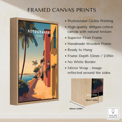 Sotogrande Spain Wall Art Print | Coastal Palm Tree Promenade Travel Poster showcased in a framed canvas print.