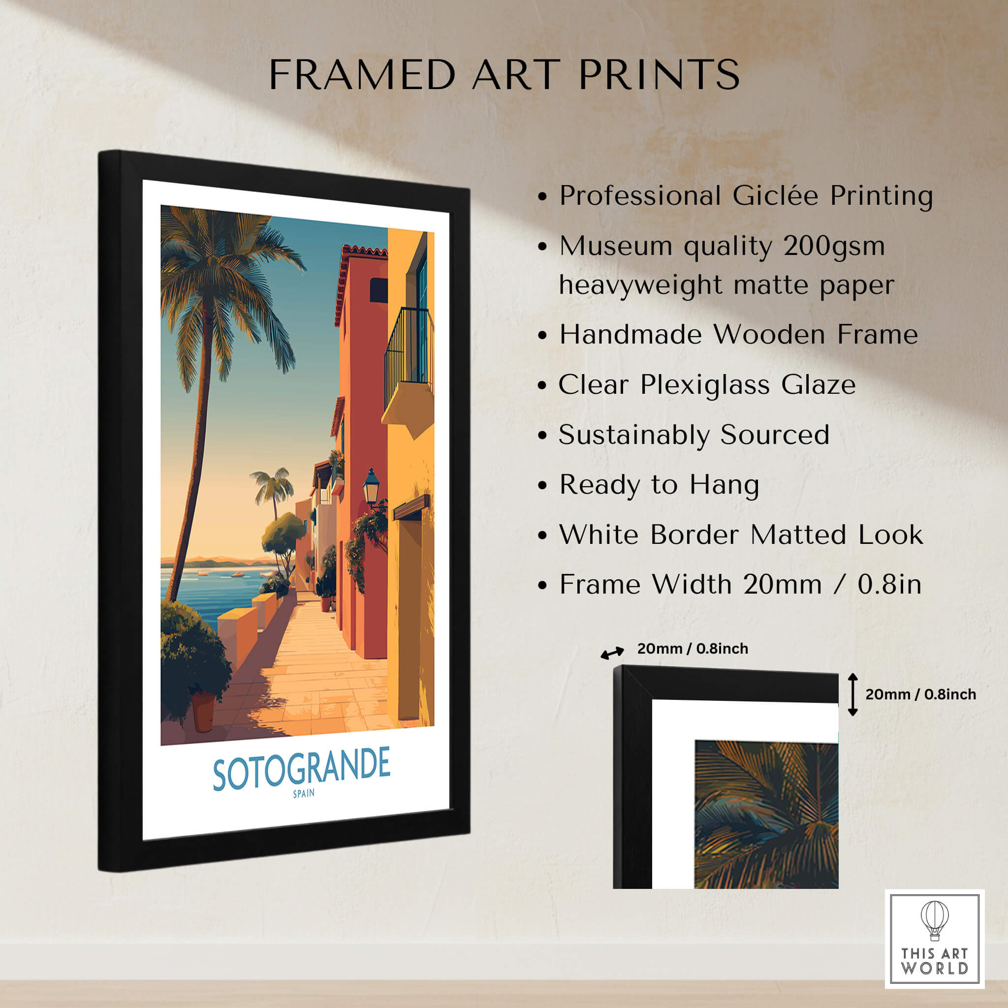 Sotogrande Spain Poster | Sunny Andalusian Village Scene Canvas Print framed art print with specifications.