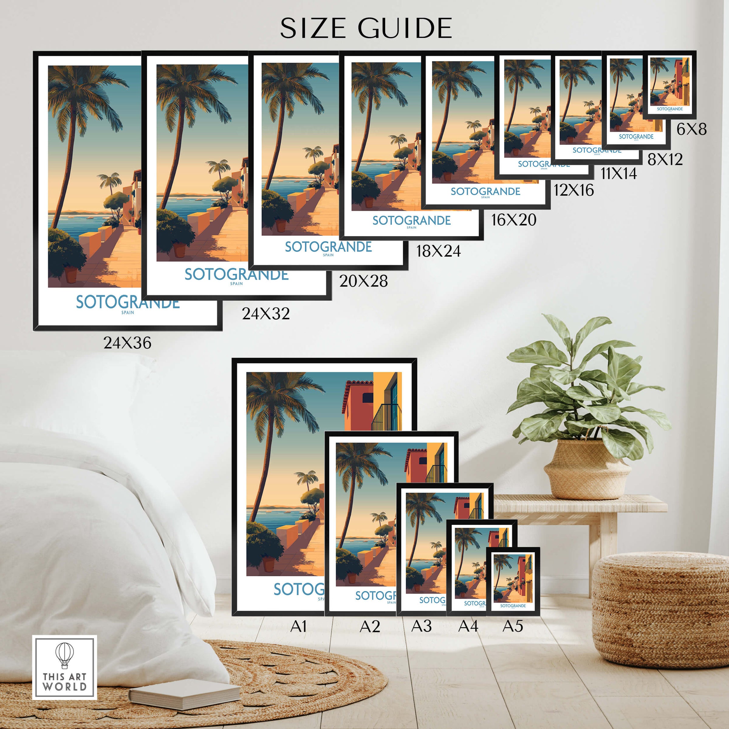 Sotogrande Spain Poster | Sunny Andalusian Village Scene Canvas Print size guide with various dimensions.