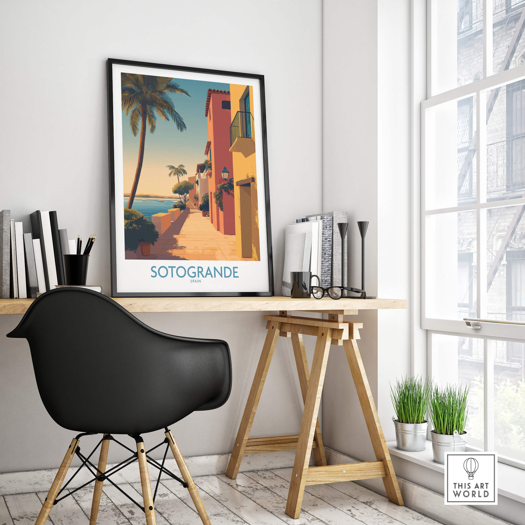 Sotogrande Spain Poster | Sunny Andalusian Village Scene Canvas Print displayed in a modern home office setting.