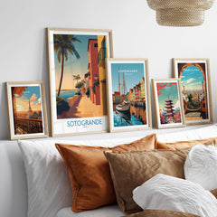 Sotogrande Spain Poster | Sunny Andalusian Village Scene Canvas Print displayed on a stylish wall beside other city posters.
