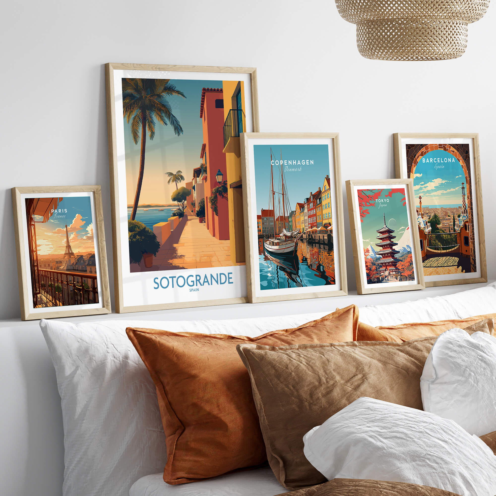 Sotogrande Spain Poster | Sunny Andalusian Village Scene Canvas Print displayed on a stylish wall beside other city posters.
