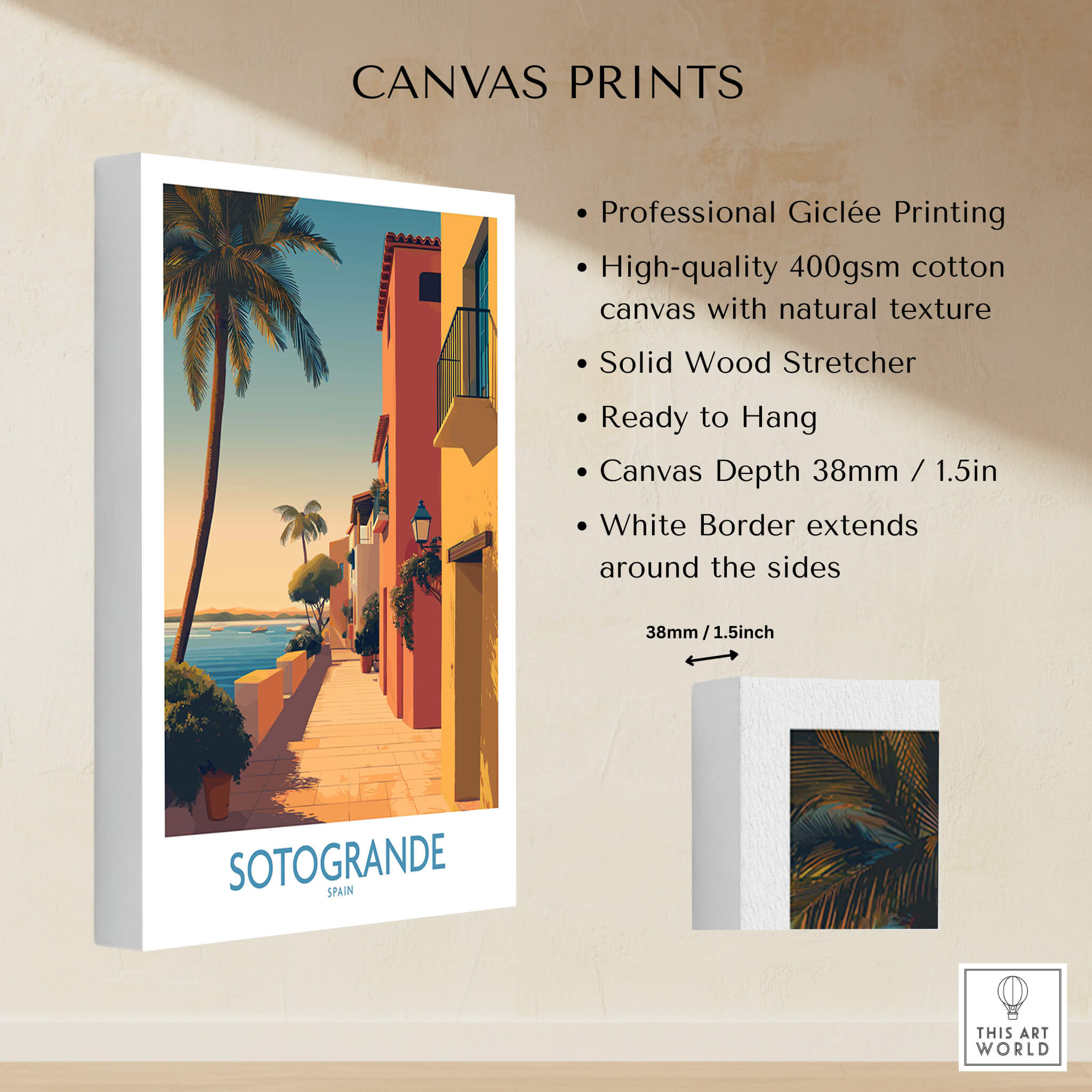 Sotogrande Spain Poster | Sunny Andalusian Village Scene Canvas Print on high-quality cotton canvas.