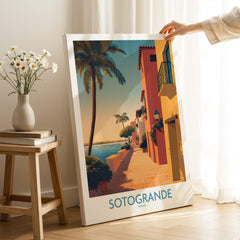 Sotogrande Spain Poster | Sunny Andalusian Village Scene Canvas Print featuring vibrant coastal architecture and palm trees.