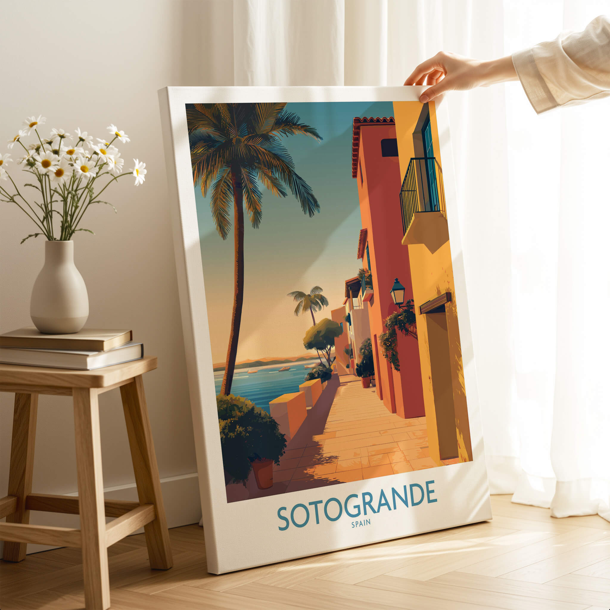 Sotogrande Spain Poster | Sunny Andalusian Village Scene Canvas Print featuring vibrant coastal architecture and palm trees.
