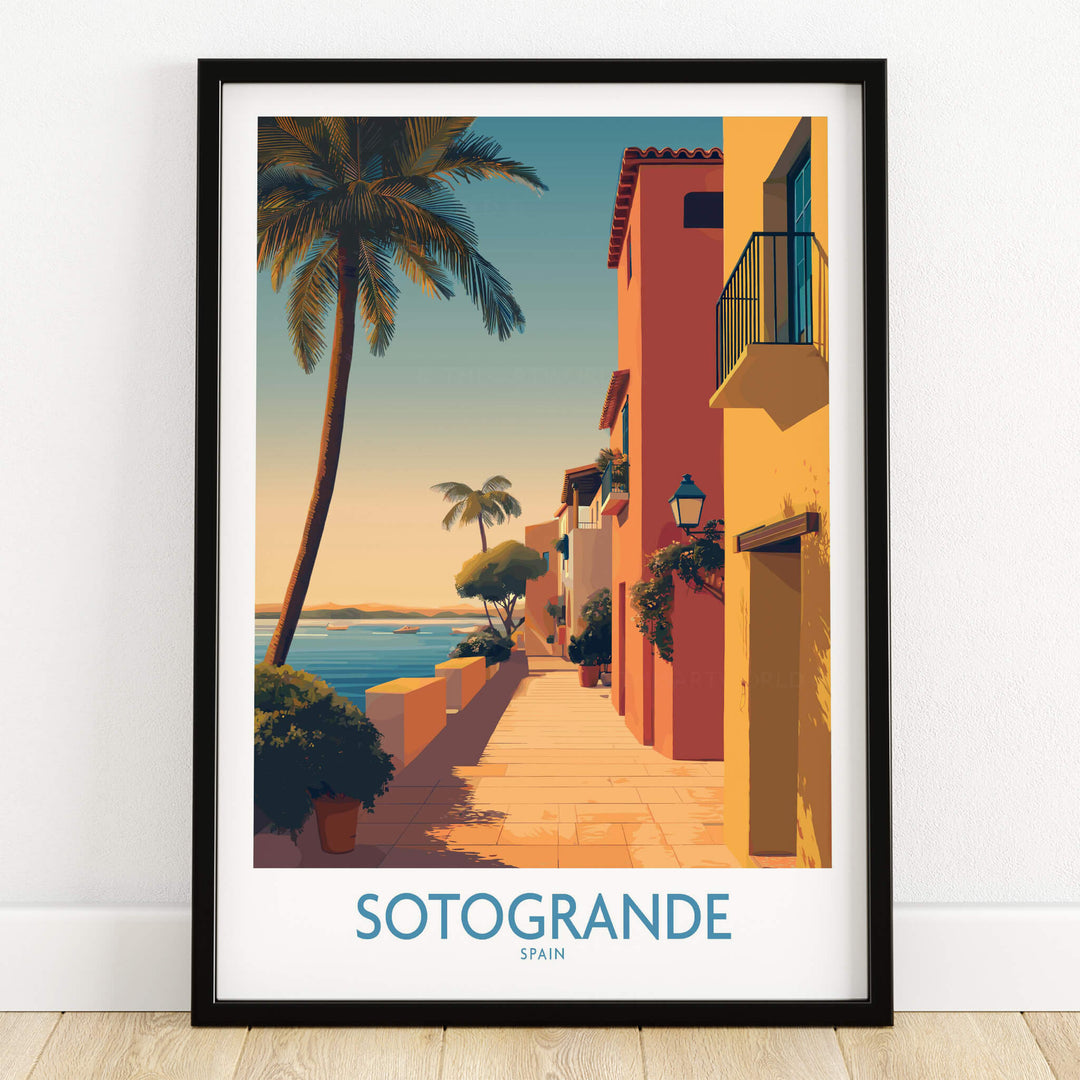 Sotogrande Spain Poster | Sunny Andalusian Village Scene Canvas Print showcasing a vibrant coastal path with palm trees.