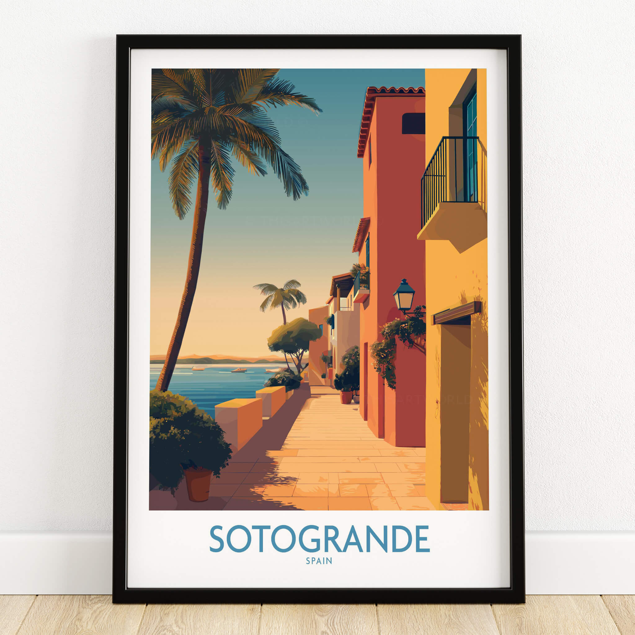 Sotogrande Spain Poster | Sunny Andalusian Village Scene Canvas Print showcasing a vibrant coastal path with palm trees.