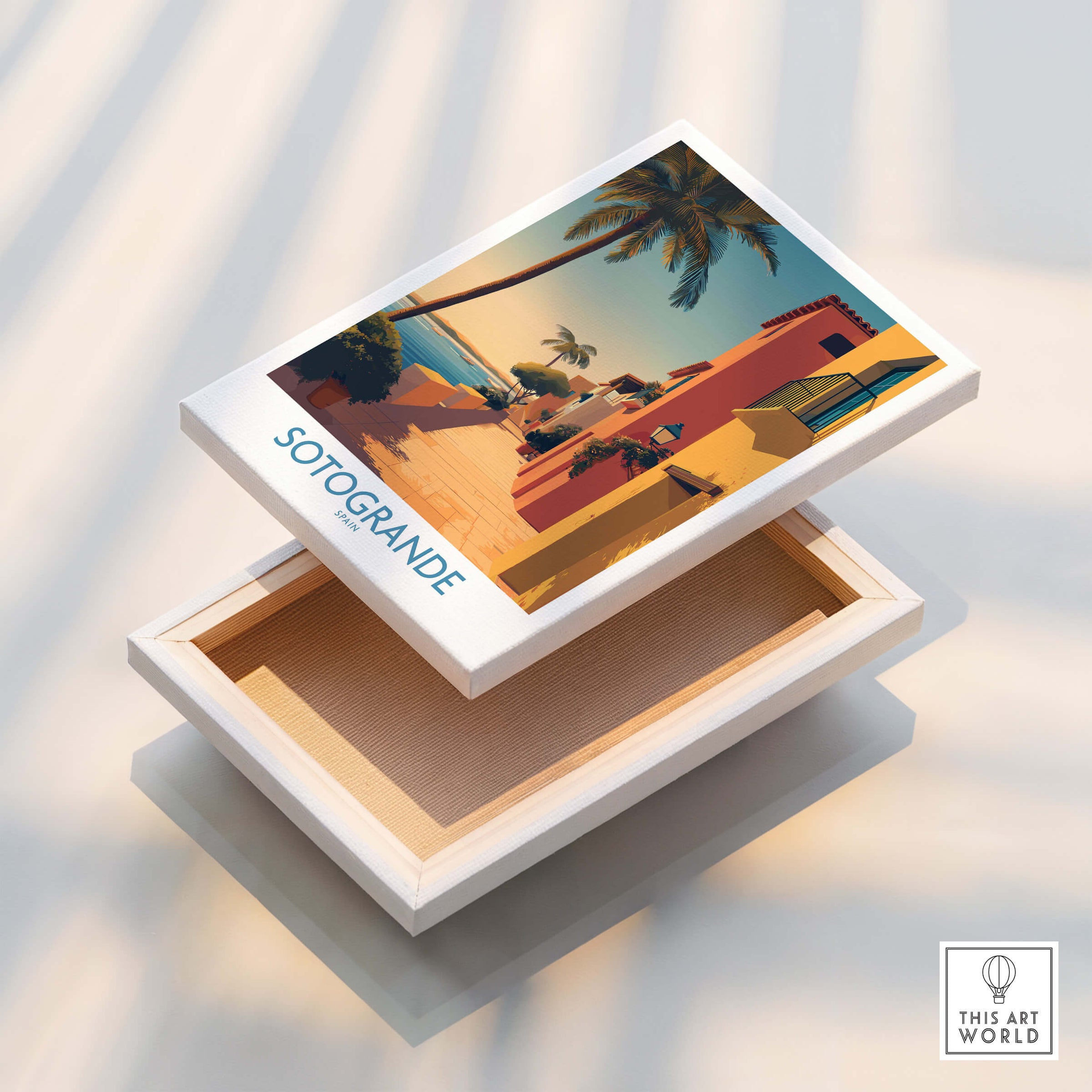 Sotogrande Spain Poster | Sunny Andalusian Village Scene Canvas Print displayed on a decorative box.