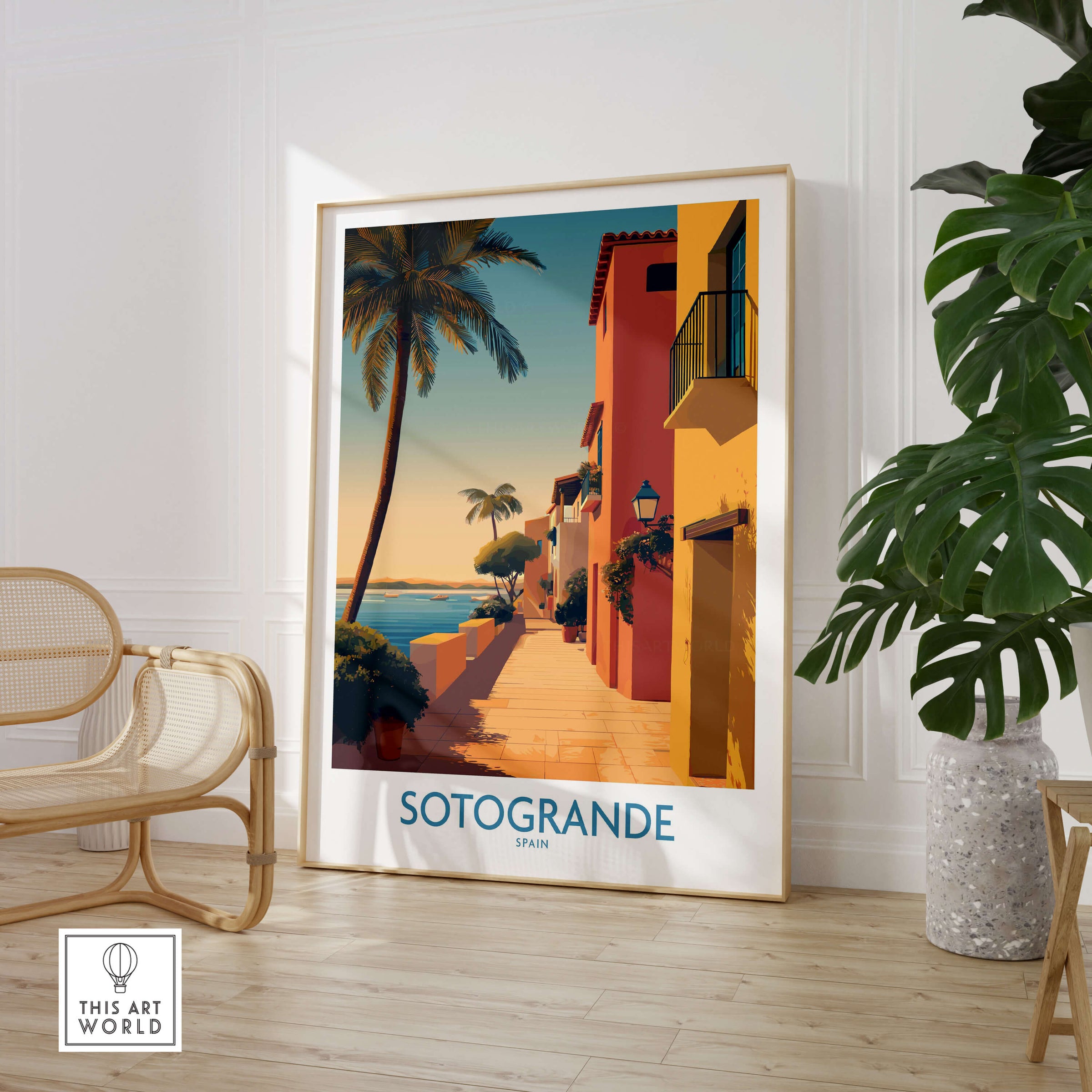 Sotogrande Spain Poster | Sunny Andalusian Village Scene Canvas Print displayed in a stylish interior with palm trees.