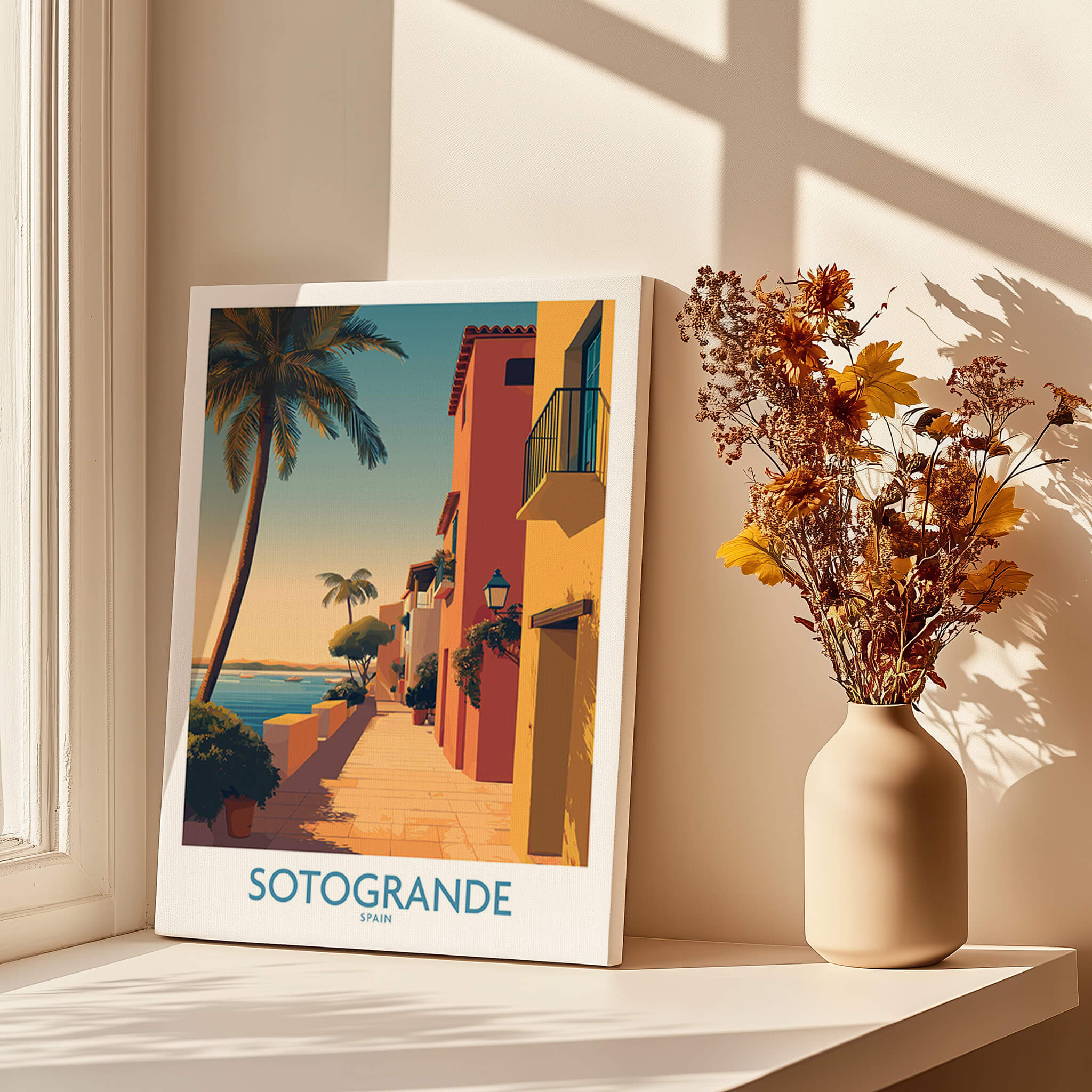 Sotogrande Spain Poster | Sunny Andalusian Village Scene Canvas Print displayed beside a vase of flowers.