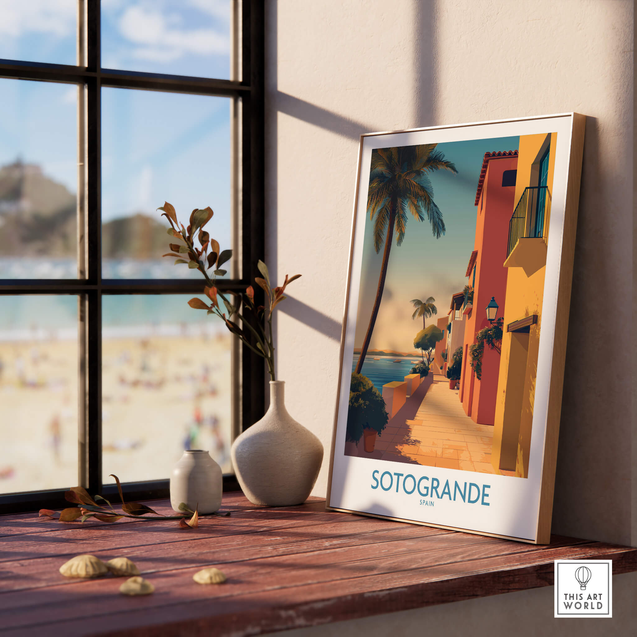 Sotogrande Spain Poster | Sunny Andalusian Village Scene Canvas Print displayed in a sunlit interior setting.