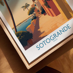Sotogrande Spain Poster | Sunny Andalusian Village Scene Canvas Print on a wooden surface.