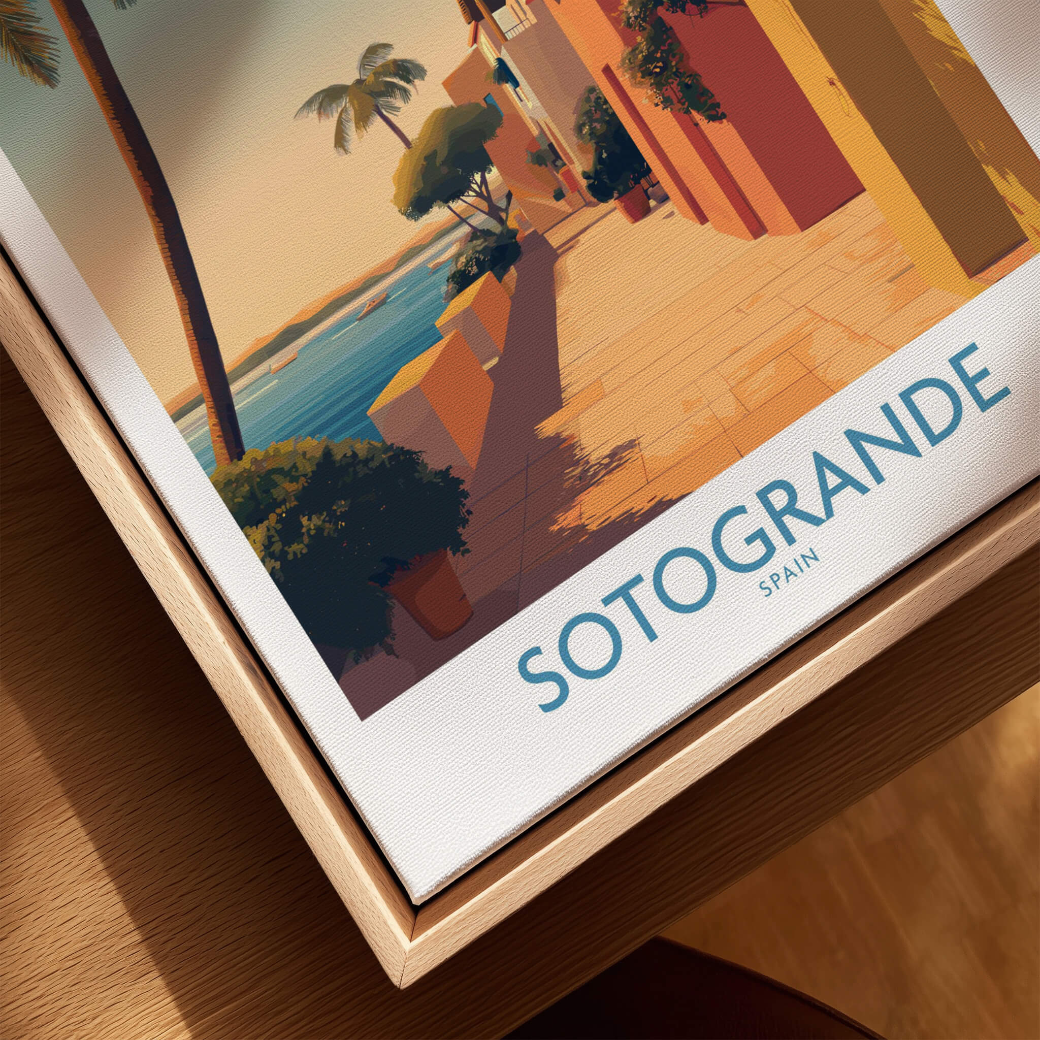 Sotogrande Spain Poster | Sunny Andalusian Village Scene Canvas Print on a wooden surface.