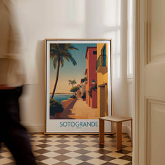 Sotogrande Spain Poster | Sunny Andalusian Village Scene Canvas Print displayed in a stylish interior setting.